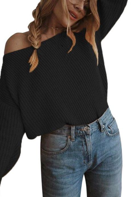 Women Knitted Sweater Autumn Slash Neck Off the Shoulder Long Sleeve Casual Loose Pullover Tops black