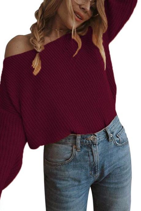  Women Knitted Sweater Autumn Slash Neck Off the Shoulder Long Sleeve Casual Loose Pullover Tops burgundy