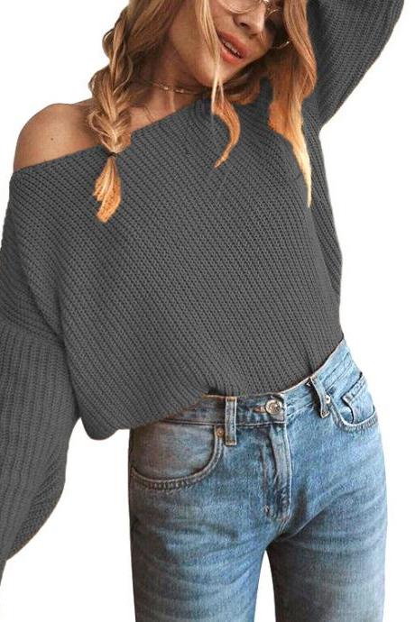  Women Knitted Sweater Autumn Slash Neck Off the Shoulder Long Sleeve Casual Loose Pullover Tops dark gray