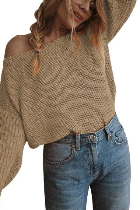  Women Knitted Sweater Autumn Slash Neck Off the Shoulder Long Sleeve Casual Loose Pullover Tops khaki