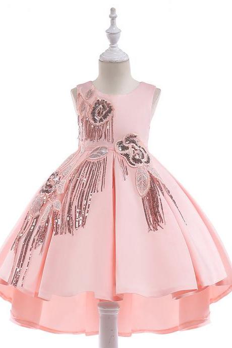 High Low Satin Flower Girl Dress Sequin Trailing Holy Communion Birthday Party Dress Children Clothes salmon