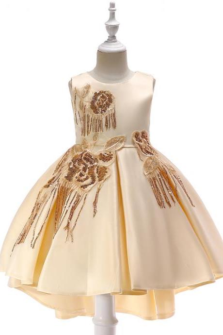 High Low Satin Flower Girl Dress Sequin Trailing Holy Communion Birthday Party Dress Children Clothes champagne