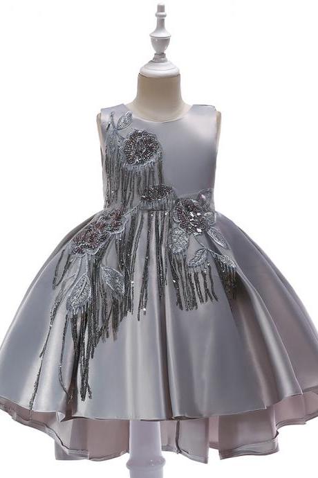 High Low Satin Flower Girl Dress Sequin Trailing Holy Communion Birthday Party Dress Children Clothes gray