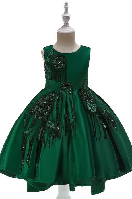 High Low Satin Flower Girl Dress Sequin Trailing Holy Communion Birthday Party Dress Children Clothes hunter green
