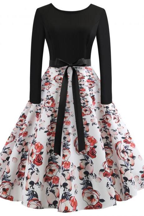 Vintage Floral Printed Dress Autumn Long Sleeve Belted Rockabilly Casual Slim A-Line Formal Party Dress 1#