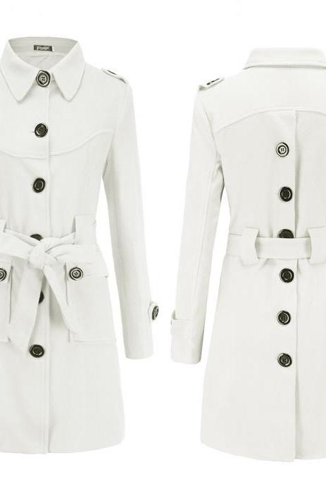 Women Woolen Blend Coat Autumn Winter Single Breasted Back Split Belted Slim Warm Jacket Outerwear Off White