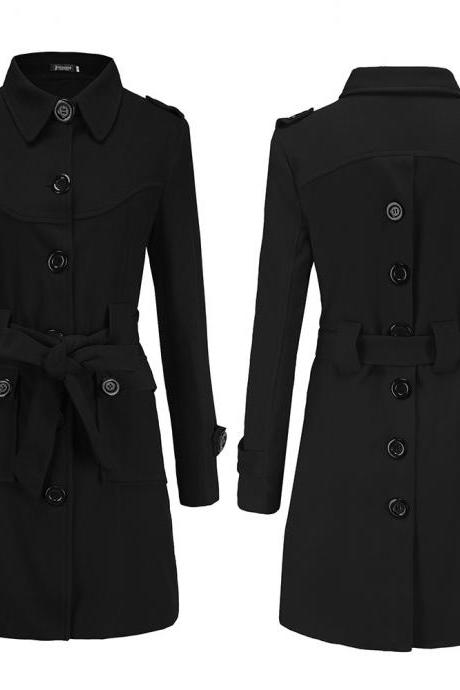Women Woolen Blend Coat Autumn Winter Single Breasted Back Split Belted Slim Warm Jacket Outerwear Black
