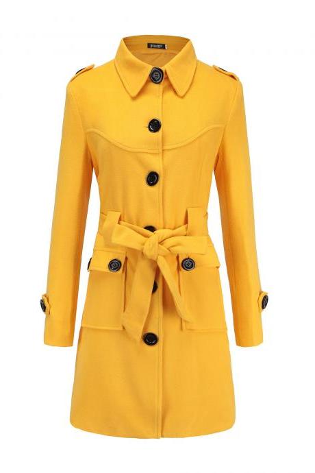 Women Woolen Blend Coat Autumn Winter Single Breasted Back Split Belted Slim Warm Jacket Outerwear Yellow