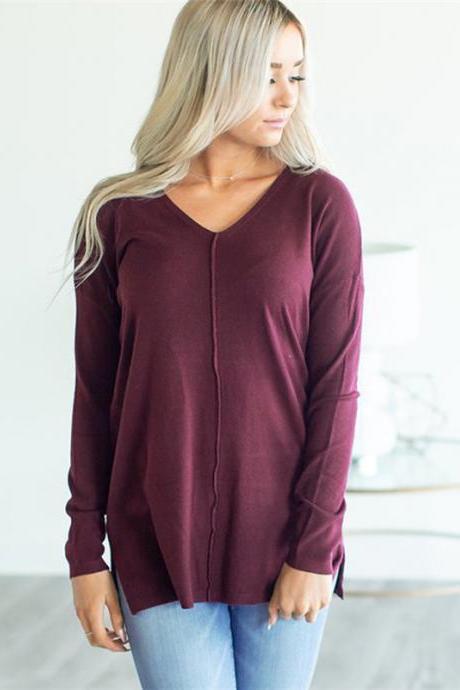 Women Knitted Sweater Solid V Neck Long Sleeve Autumn Casual Loose Pullover Tops burgundy