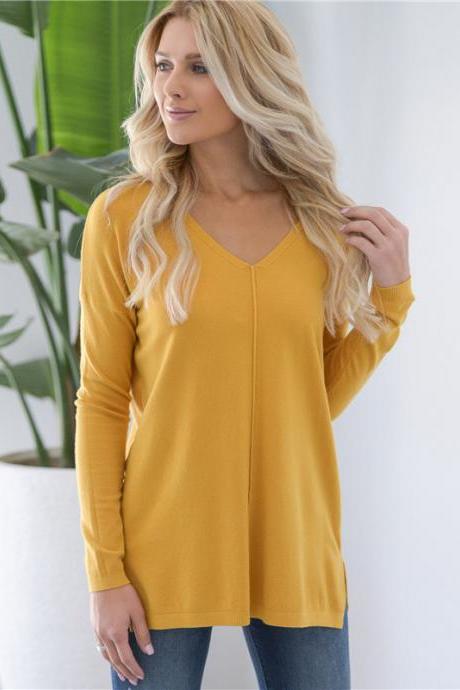 Women Knitted Sweater Solid V Neck Long Sleeve Autumn Casual Loose Pullover Tops yellow
