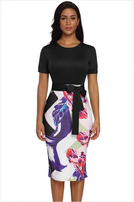 Women Floral Printed Pencil Dress Short Sleeve Belted Casual Slim Bodycon Work Office Party Dress black