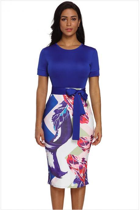 Women Floral Printed Pencil Dress Short Sleeve Belted Casual Slim Bodycon Work Office Party Dress Blue