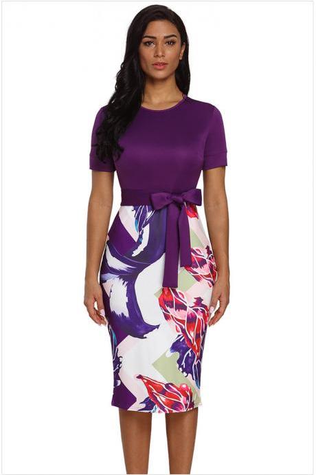  Women Floral Printed Pencil Dress Short Sleeve Belted Casual Slim Bodycon Work Office Party Dress purple