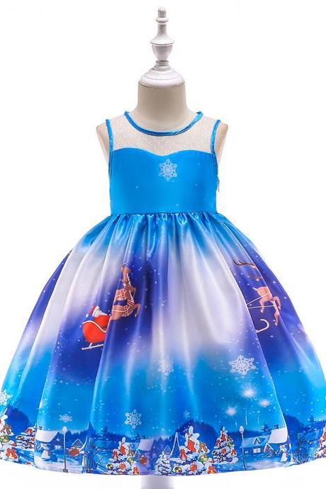  Fashion Christmas Girl Dress Santa Snowflake Printed Princess Cartoon Party Gown Children Clothes1#