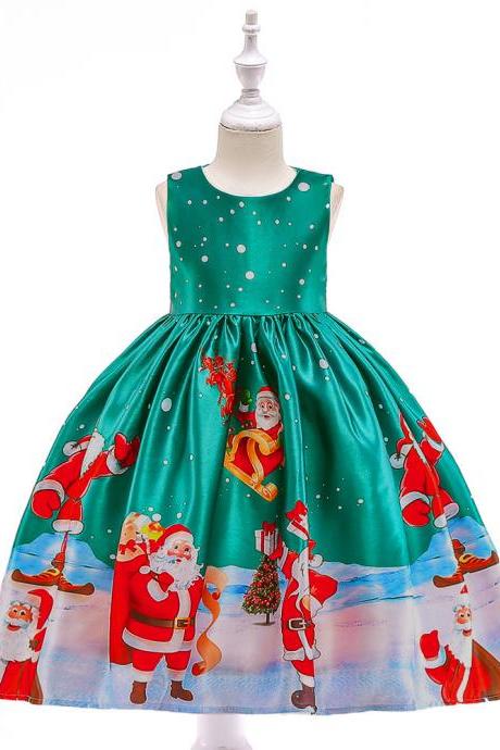  Fashion Christmas Girl Dress Santa Snowflake Printed Princess Cartoon Party Gown Children Clothes3#