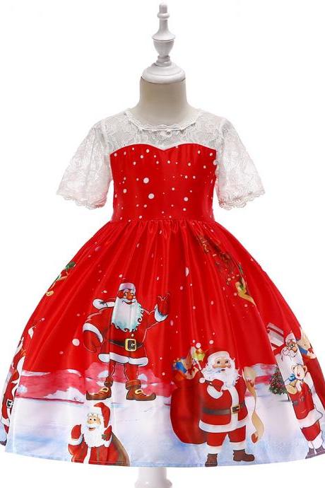  Fashion Christmas Girl Dress Santa Snowflake Printed Princess Cartoon Party Gown Children Clothes7#