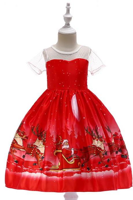 Fashion Christmas Girl Dress Santa Snowflake Printed Princess Cartoon Party Gown Children Clothes10#