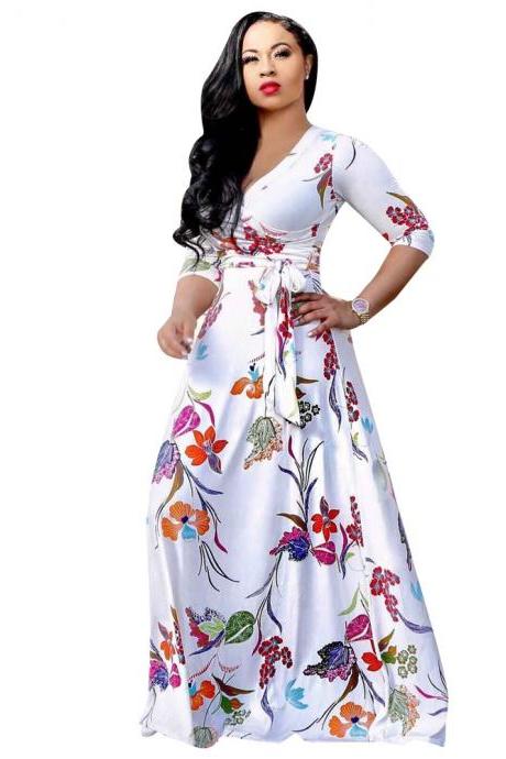 Women Floral Printed Maxi Dress V Neck Boho 3/4 Sleeve Belted Casual Beach Long Party Dress1#