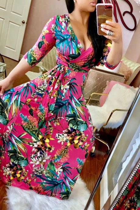  Women Floral Printed Maxi Dress V Neck Boho 3/4 Sleeve Belted Casual Beach Long Party Dress2#