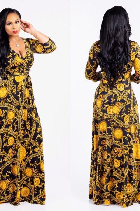 Women Floral Printed Maxi Dress V Neck Boho 3/4 Sleeve Belted Casual Beach Long Party Dress3#