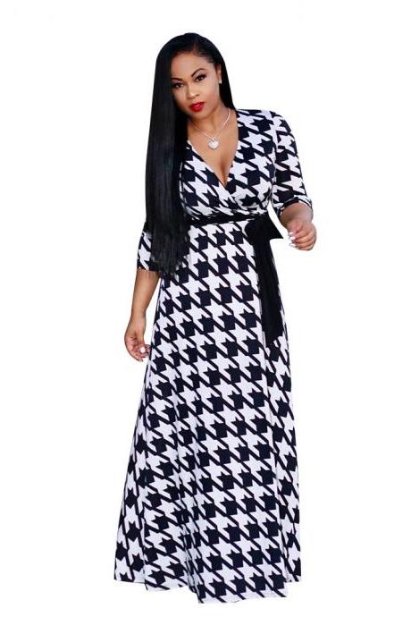  Women Floral Printed Maxi Dress V Neck Boho 3/4 Sleeve Belted Casual Beach Long Party Dress6#