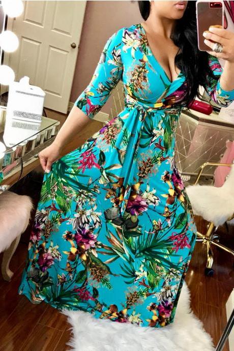  Women Floral Printed Maxi Dress V Neck Boho 3/4 Sleeve Belted Casual Beach Long Party Dress7#