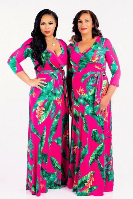  Women Floral Printed Maxi Dress V Neck Boho 3/4 Sleeve Belted Casual Beach Long Party Dress8#