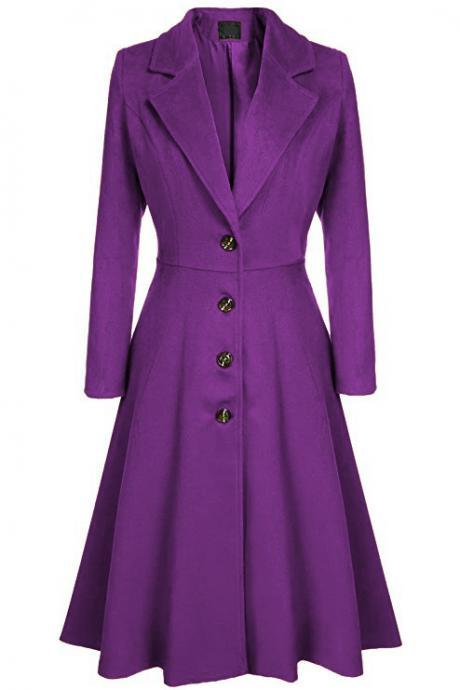 Women Trench Coat Autumn Winter Single Breasted Turn-down Collar Warm Slim Long Sleeve Jacket Outwear Windbreaker Purple