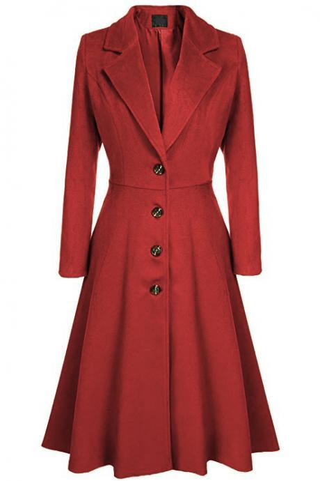 Women Trench Coat Autumn Winter Single Breasted Turn-down Collar Warm Slim Long Sleeve Jacket Outwear Windbreaker Red