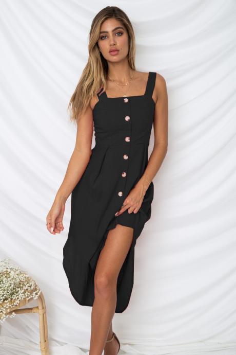 Women Asymmetrical Dress Spaghetti Strap Sleeveless Summer Casual Button Boho Holiday Beach Sundress black