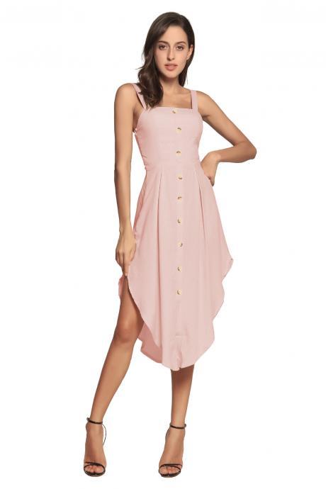 Women Asymmetrical Dress Spaghetti Strap Sleeveless Summer Casual Button Boho Holiday Beach Sundress pink