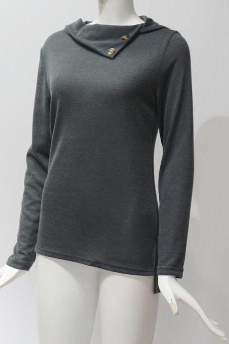  Women Pullover Tops Autumn Solid Button Double Collar Turtleneck Casual Loose Long Sleeve T-Shirt gray
