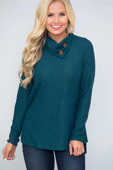  Women Pullover Tops Autumn Solid Button Double Collar Turtleneck Casual Loose Long Sleeve T-Shirt hunter green