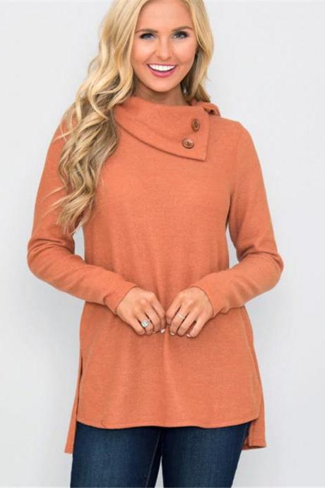 Women Pullover Tops Autumn Solid Button Double Collar Turtleneck Casual Loose Long Sleeve T-Shirt orange