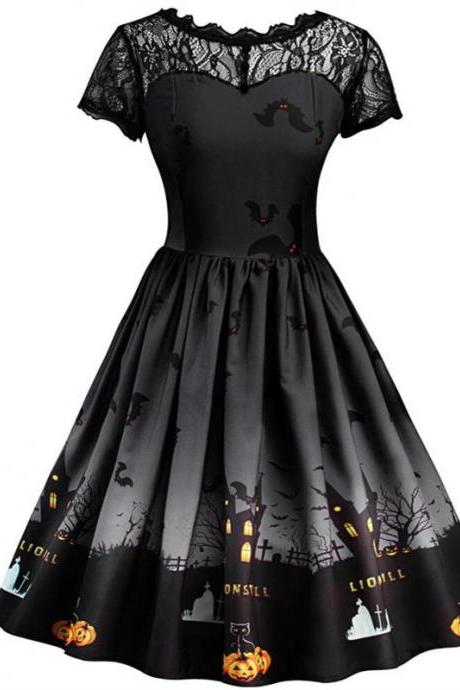  Women Printed A Line Dress Vintage Lace Short Sleeve Swing Evening Party Halloween Costume dark gray