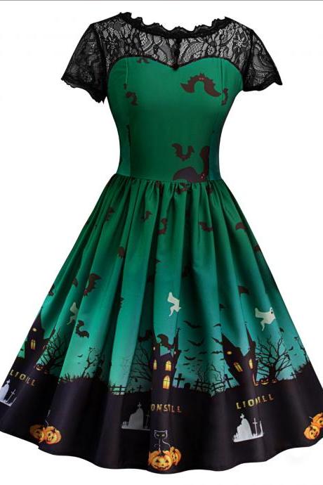 Women Printed A Line Dress Vintage Lace Short Sleeve Swing Evening Party Halloween Costume green