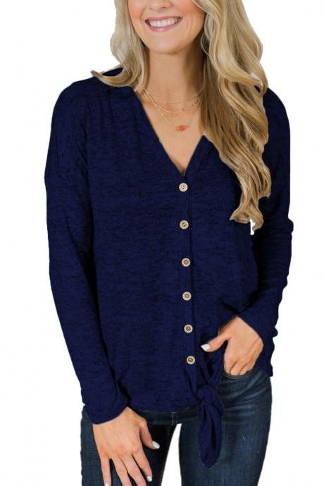 Women Knitting Coat Autumn V Neck Button Down Tops Long Sleeve Tie Knot Casual Thin Jacket navy blue