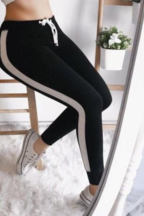 Women Striped Leggings Drawstring Elastic Waist Casual Workout Skinny Fitness Long Pants Sweatpants black