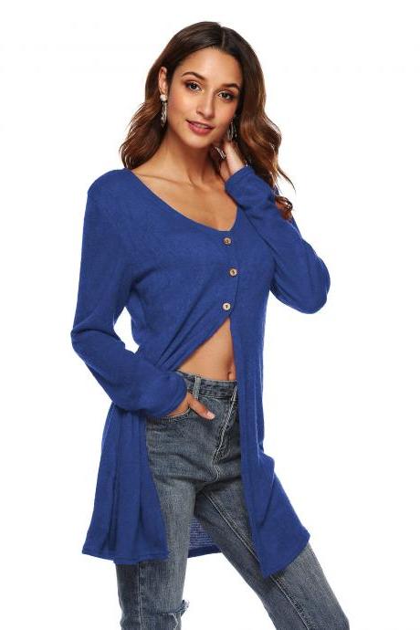 Women Long Sleeve T-shirt Autumn Asymmetrical High Split Button Casual Long Cardigan Coat Outerwear Blue