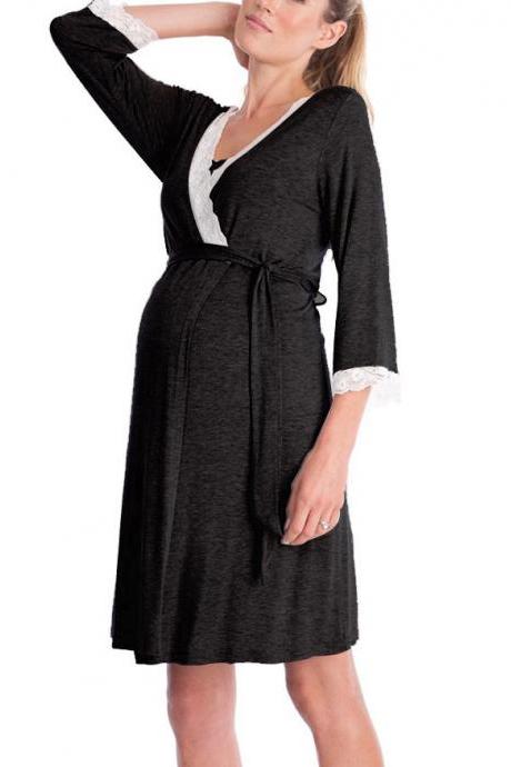 Pregnant Women Pajamas Lace Patchwork 3/4 Sleeve Maternity Sleepwear Nightgown Pregnancy Dress Nursing Clothes black