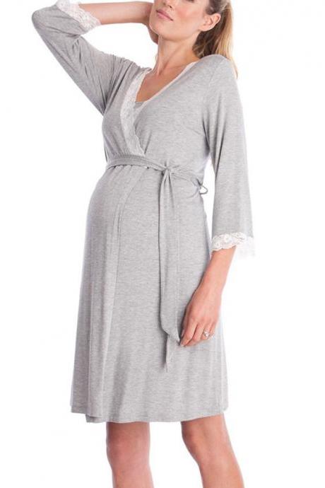 Pregnant Women Pajamas Lace Patchwork 3/4 Sleeve Maternity Sleepwear Nightgown Pregnancy Dress Nursing Clothes gray