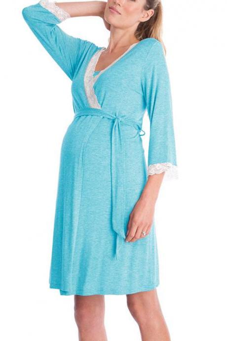 Pregnant Women Pajamas Lace Patchwork 3/4 Sleeve Maternity Sleepwear Nightgown Pregnancy Dress Nursing Clothes Light Blue