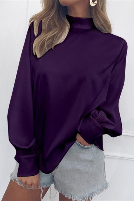 Women Blouse Autumn Turtleneck Lantern Long Sleeve Solid Casual Loose Office Tops Shirt Purple