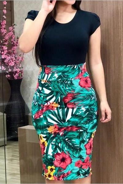 Women Pencil Dress Floral Printed Patchwork Knee Length Bodycon Midi Cocktail Party Dress 3#