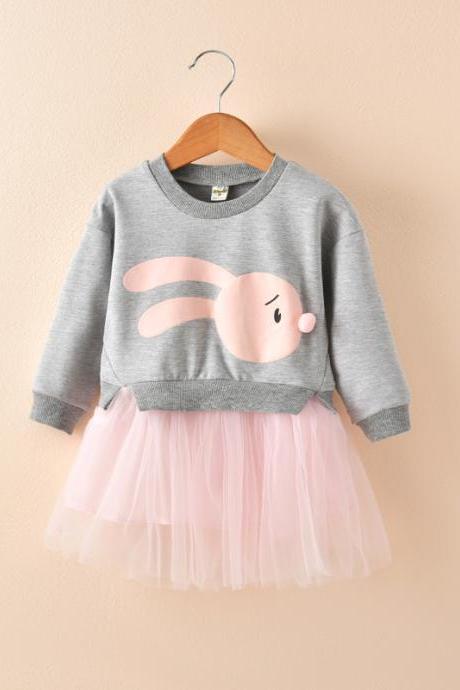 Baby Girl Dress Autumn Long Sleeve Cartoon Fake Two Pieces Patchwork Casual Children Kids Clothes Gray