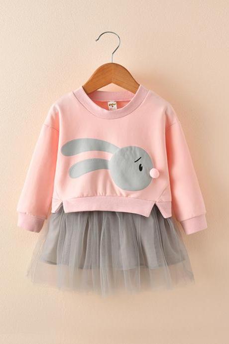 Baby Girl Dress Autumn Long Sleeve Cartoon Fake Two Pieces Patchwork Casual Children Kids Clothes