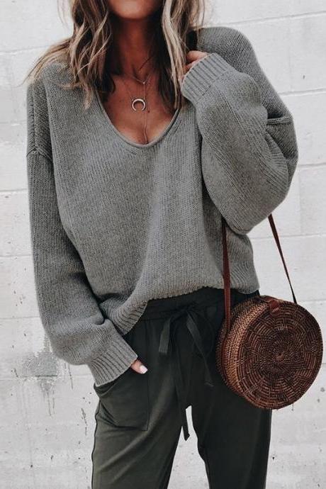 Women Knitted Sweater Autumn Solid V Veck Long Sleeve Casual Loose Pullover Tops dark gray