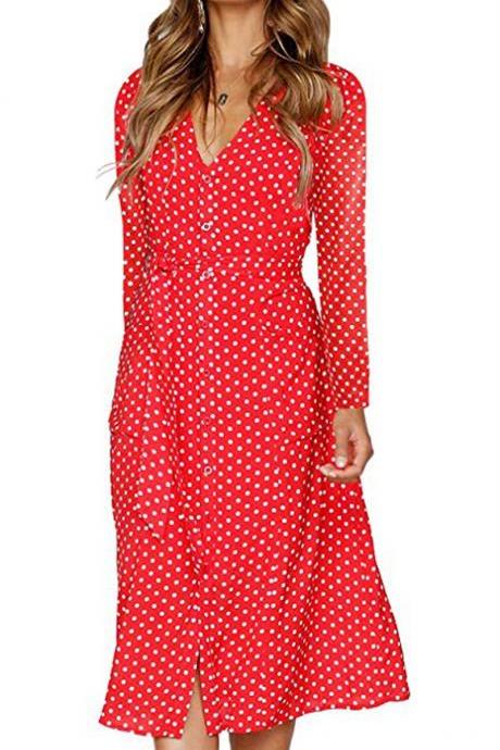 Women Polka Dot Shirt Dress Autumn V Neck Long Sleeve Belted Casual Midi Club Party Dress red