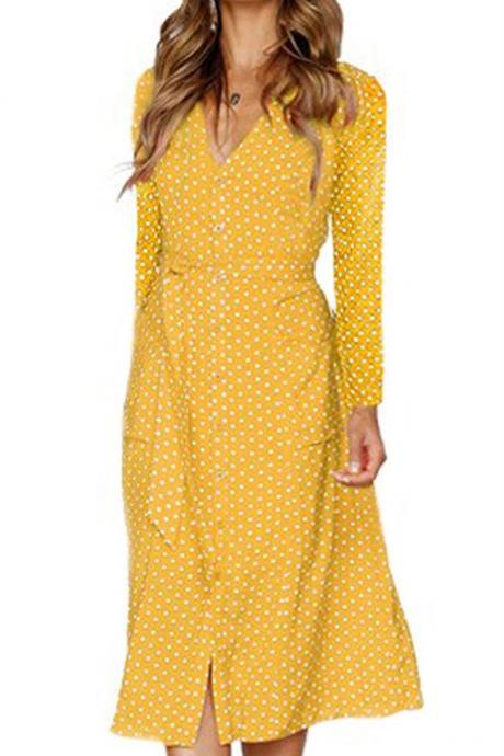  Women Polka Dot Shirt Dress Autumn V Neck Long Sleeve Belted Casual Midi Club Party Dress yellow