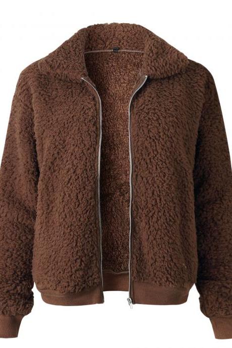 Women Fleece Coat Autumn Winter Turn Down Collar Long Sleeve Zipper Pocket Casual Thick Warm Short Jacket Outerwear coffee